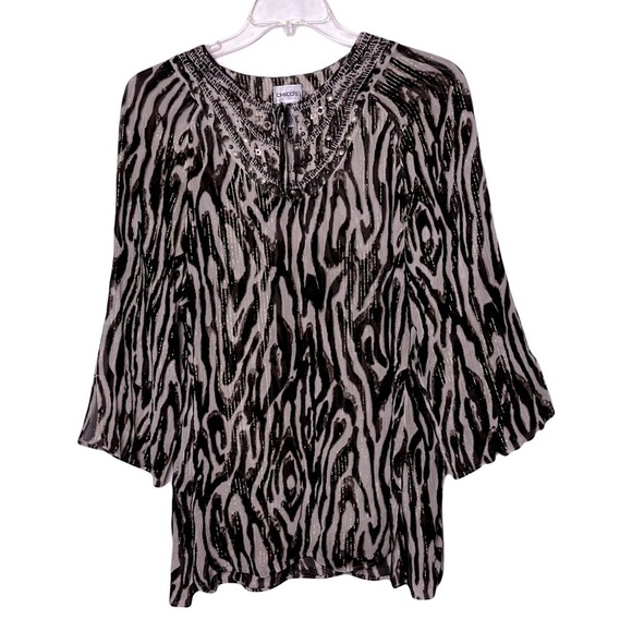 Chico’s | Silk Animal Print Metallic Gold Beaded Blouse Top, Size 2 (Large) - Picture 1 of 9